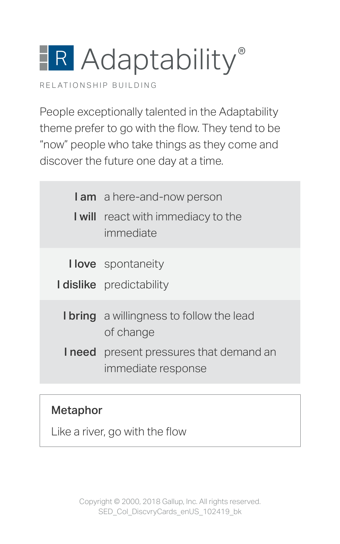 Card describing the trait of adaptability as going with the flow, being a now person, and discovering the future one day at a time