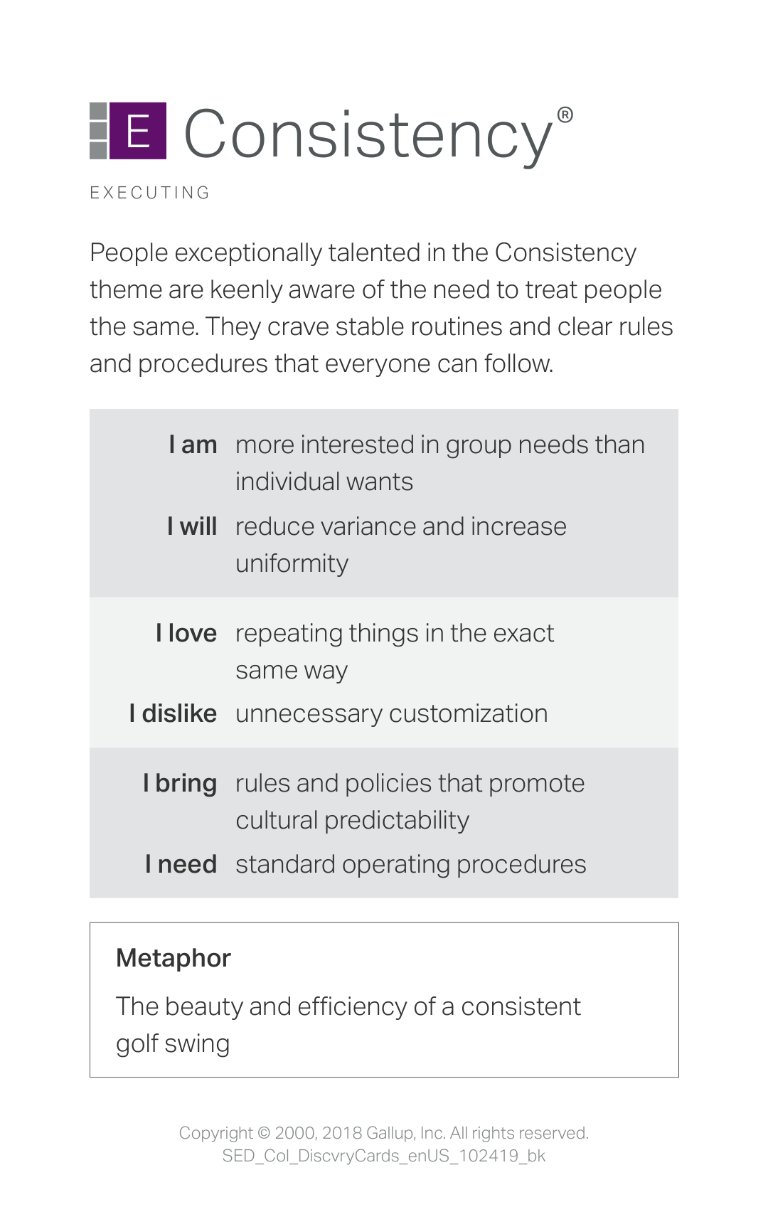 Card describing the trait of consistency as being keenly aware of the need to treat people the same and craving routines and procedures that everyone can follow